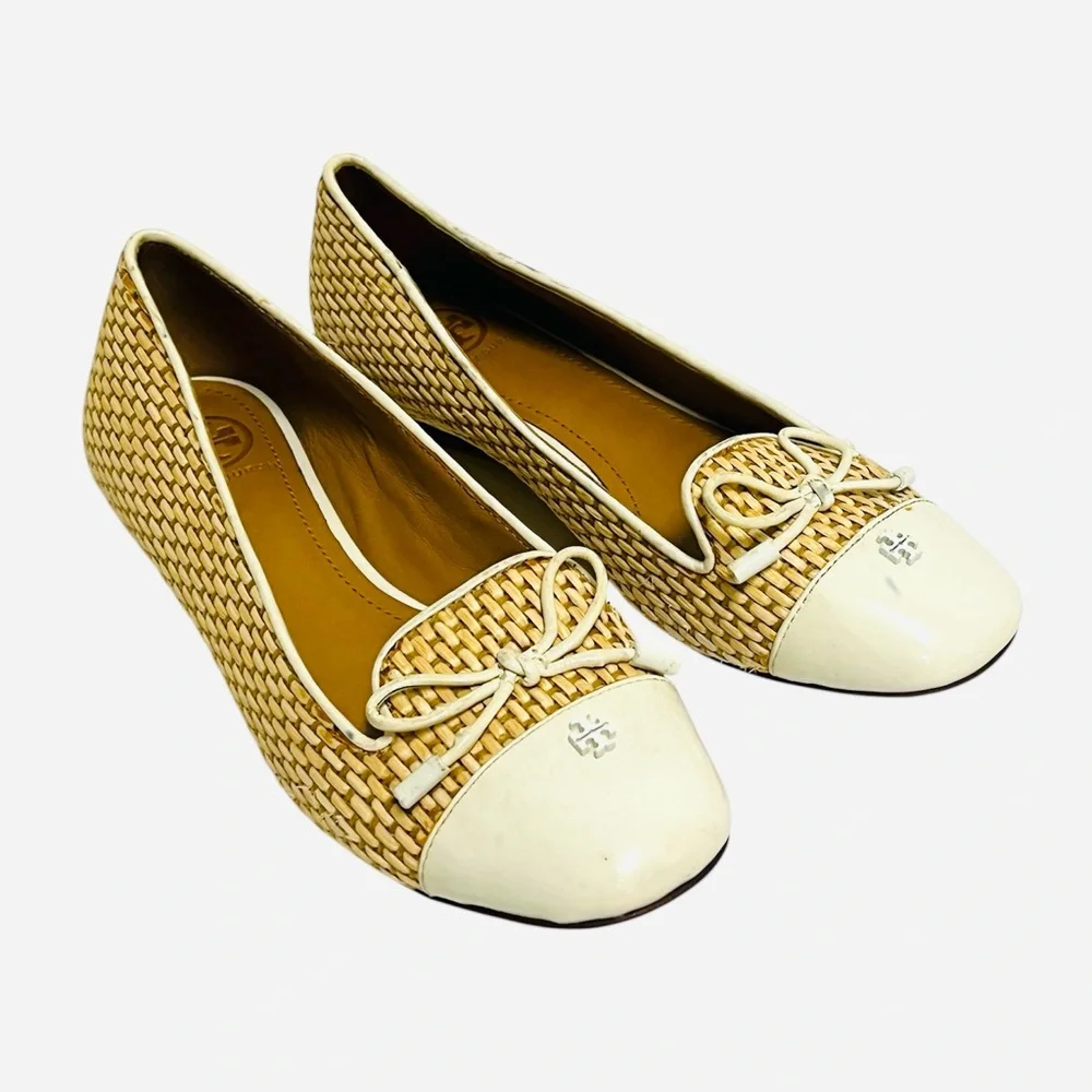 Tory Burch Flat Shoes Raffia Wedge Catherine Cap Toe Bone Women's Size 5M